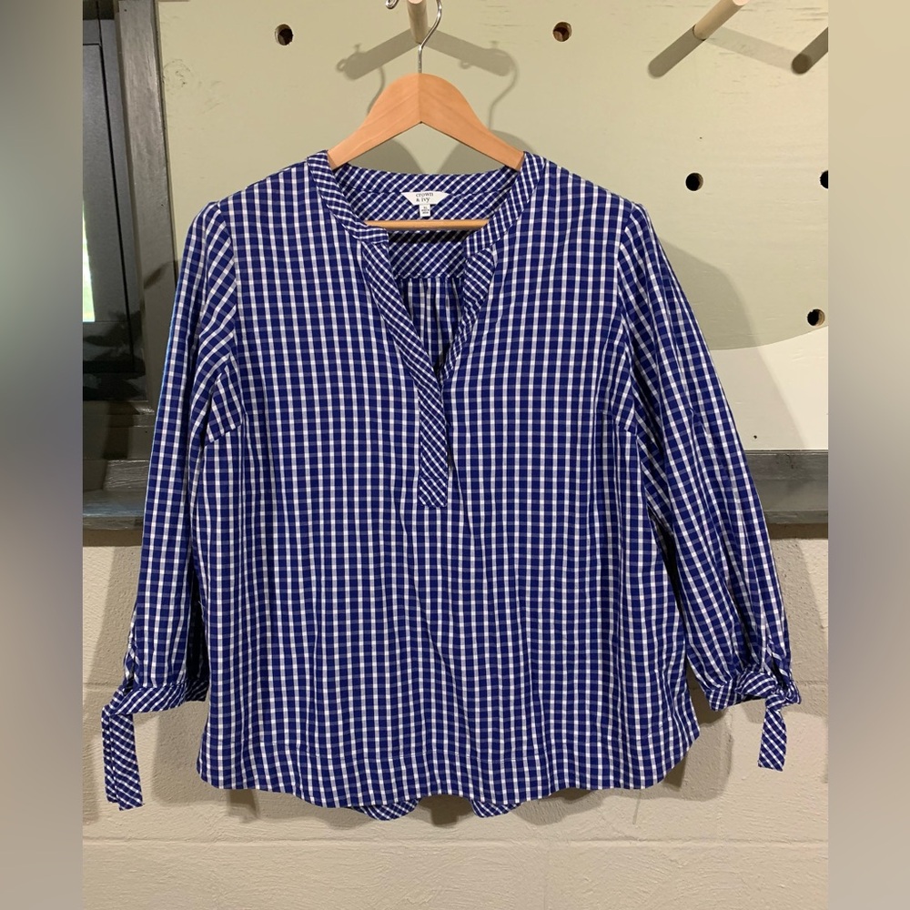 Crown & Ivy Navy Check Blouse with Tie Sleeves
